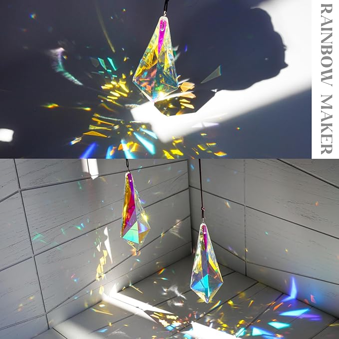 H&D HYALINE & DORA 4.7" AB Coating Crystal Horns Prisms Suncatchers for Windows,Set of 2 Rainbow Maker Hanging Prisms for Wedding Party Christmas Tree Garlands Decoration