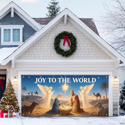 HOMETITUTE Christmas Garage Door Banner 13x6ft Joy to the World Nativity Scene Backdrop Banners for Outside Indoor Christmas Door Cover Garage Wall Covering for Party Garage Decorations
