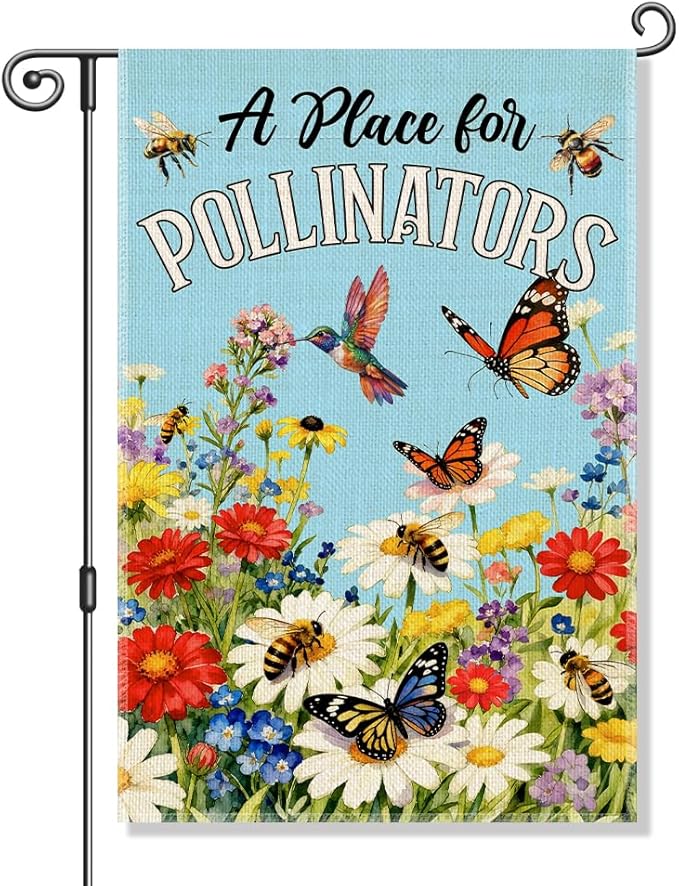 Perfectinsoy A Place for Pollinators Garden Flag, Pollinator Friendly Garden Sign, Hummingbird Wildflower Butterfly Bee Sign, Gardeners Bee Keepers Gifts, Welcome Yard Farmhouse Spring Outdoors Decor