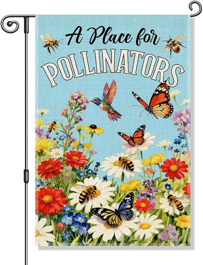 Perfectinsoy A Place for Pollinators Garden Flag, Pollinator Friendly Garden Sign, Hummingbird Wildflower Butterfly Bee Sign, Gardeners Bee Keepers Gifts, Welcome Yard Farmhouse Spring Outdoors Decor
