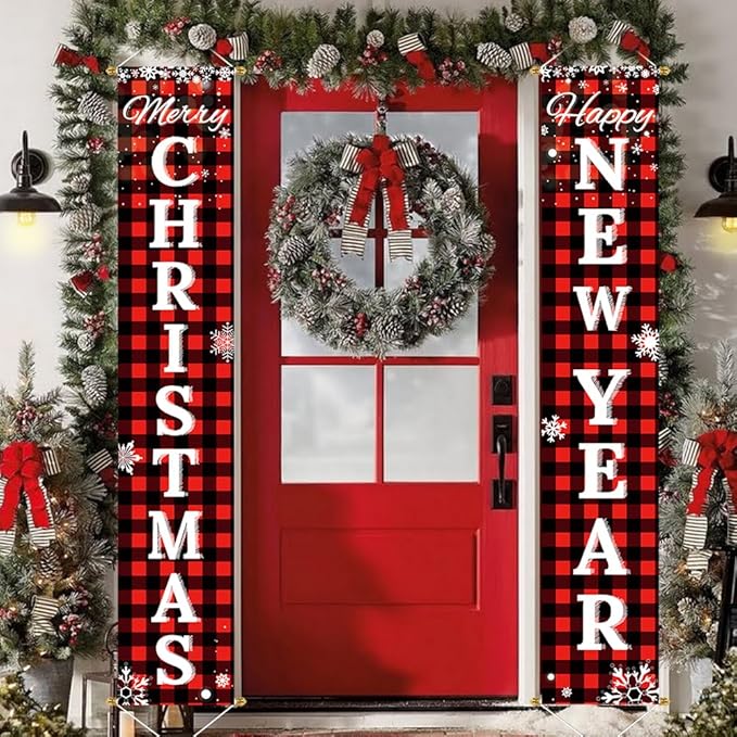 Ivenf Merry Christmas & Happy New Year Decorations, Red Black Buffalo Plaid Banner, 2 Pcs Front Porch Sign Set, Indoor Outdoor Yard Wall Home Decor