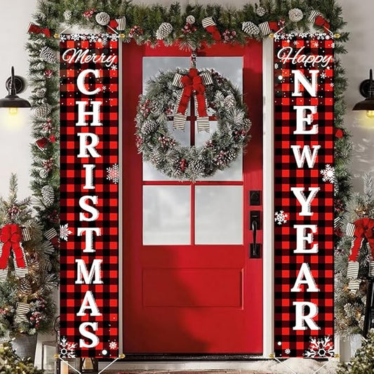 Ivenf Merry Christmas & Happy New Year Decorations, Red Black Buffalo Plaid Banner, 2 Pcs Front Porch Sign Set, Indoor Outdoor Yard Wall Home Decor