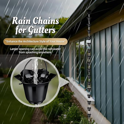 Tfro & Cile Gutter Rain Chain with Adapter Black Downspout Catcher Petunia Outside Water Diverter Decorative Garden Rain Cups Chime Home Decor - 8 1/2 Feet Long