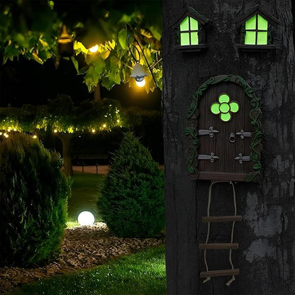 Fairy Garden Decor Fairy Door and Windows for Trees, Glow in The Dark Yard Sculpture Lawn Ornament Mini Garden Art Outdoor Decor Accessories with Lantern (C)