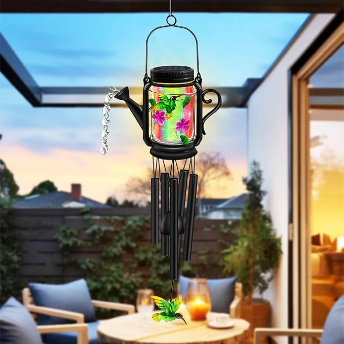 Solar Hummingbird Wind Chimes for Outside for Mom Women Grandma,Solar Mason Jar Watering Can Hummingbird Light Unique Hanging Wind Chimes Outdoor,Yard Garden Terrace Courtyard