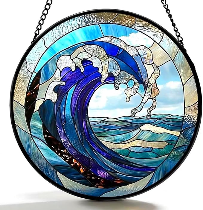 Stained Glass Window Hanging - Huge Waves and Turbulent Seas 6.3 Inches Suncatcher for Garden Home Decor for Women Mon Grandma Friends