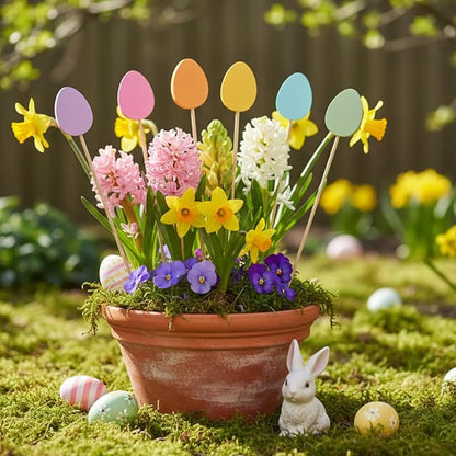 6 Pcs Wooden Easter Egg Garden Stakes Yard Decoration Front Yard Art Stick Flower Sticks Holiday Supplies for Easter Indoor and Outdoor Lawn Path Terrace Flower Pots Theme Event Party