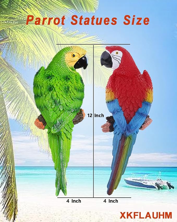 2Pcs Large Parrot Decor Outdoor Tiki Bar Decorations Realistic Parrot Statues for Pool Hawaiian Tropical Decor, 12.5" Lifelike Fake Macaw Sculptures for Palm Tree Jungle Garden Patio Yard(Green, Red)