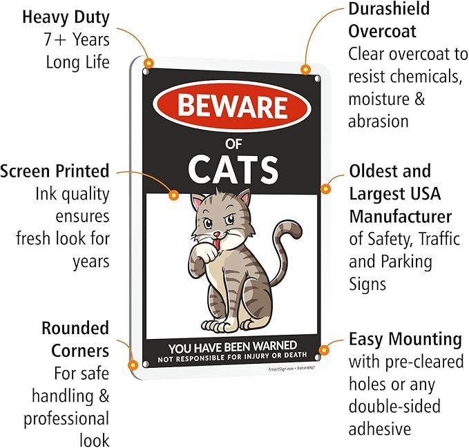 SmartSign Funny Beware Of Cats Warning Sign - 10"x7", 40 mil Laminated Rust-free Aluminum - Metal Signs for Entrances, Outdoors, Patio, Gifts, Cafe - Cats Theme, Made in USA