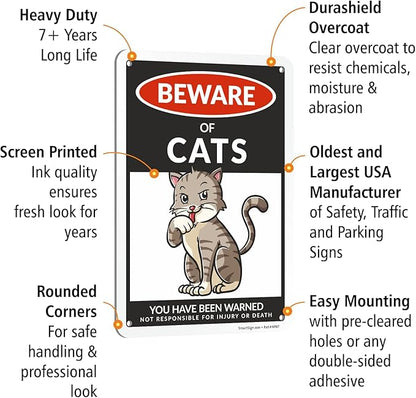SmartSign Funny Beware Of Cats Warning Sign - 10"x7", 40 mil Laminated Rust-free Aluminum - Metal Signs for Entrances, Outdoors, Patio, Gifts, Cafe - Cats Theme, Made in USA