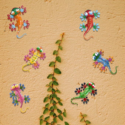 YEAHOME 6 Pack Metal Geckos Inspirational Wall Art, Mexican Outdoor Wall Decor with Shaking Head, Lizard Wall Sculptures & Statues for Farmhouse, Porch, Patio, Lawn, Fence
