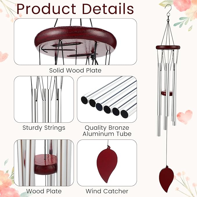Yahenda 6 Pcs 28 Inch Rustic Wind Chimes for Outside Deep Tone Wind Chimes with 6 Aluminum Tubes Memorial Coolest Windchimes Outdoors for Farmhouse Garden Patio Home Decor (Redwood, Sliver)