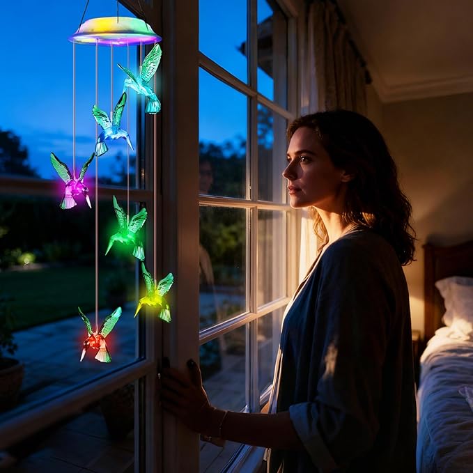 Fohil Solar Hummingbird Wind Chimes, Color Changing Solar Wind Chimes for Outside, LED Waterproof Solar Powered Hanging Lights Outdoor Valentine Decorations, Gifts for Women Mom Grandma