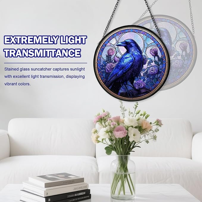 Crow Stained Glass Window Hanging, Raven Suncatcher Diamond Glass Panel Hangings, Sun Catchers Indoor Windows Wall Art, Gift for Birds Lover, Christmas Decor for Home Garden Office Purple 7.87 inches
