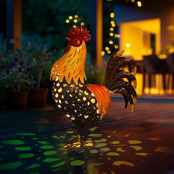 LIFFY Metal Chicken Yard Decor, 20" Rooster Outdoor Garden Solar Lights,Rooster Decorative Statues Outside with Led Light for Landscape Patio Lawn Backyard