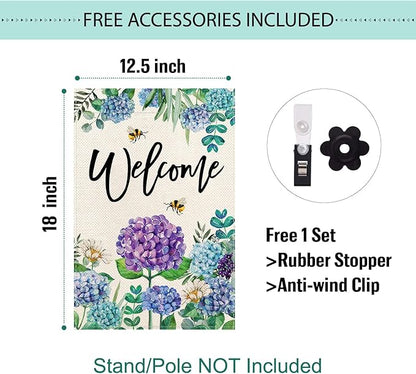 Baccessor Spring Hydrangea Garden Flag Double Sided 12x18 Inch, Summer Purple Blue Flower Floral Welcome Small Yard Flag Burlap Vertical Seasonal Farmhouse Yard Outdoor Decoration
