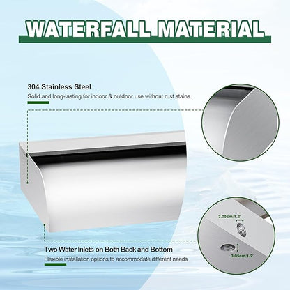 Pool Fountain Waterfall Spillway with Wider Water Flow Platform, Stainless Steel Waterfall with Pipe Connector Kits, Water Feature Spillway for Garden Decor, Patio, Ponds, 11.8"x11.8"x3.9