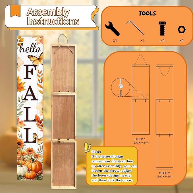 Hello Fall Porch Sign Autumn Pumpkin Maple Leaf Welcome Sign Vertical Standing Sign For Front Porch Decor Farmhouse Hanging Wall Sign for Patio Yard Party Indoor Outdoor Thanksgiving Decoration 47.2"H