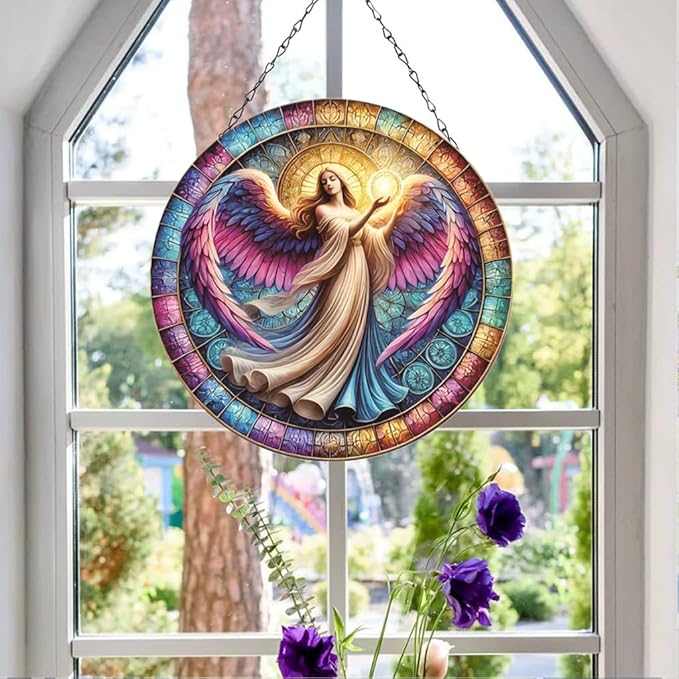 Angel Stained Window Hangings with Chain– Acrylic Round Ornament for Garden, Patio and Indoor Decor, Housewarming Gift for Mom, Grandma