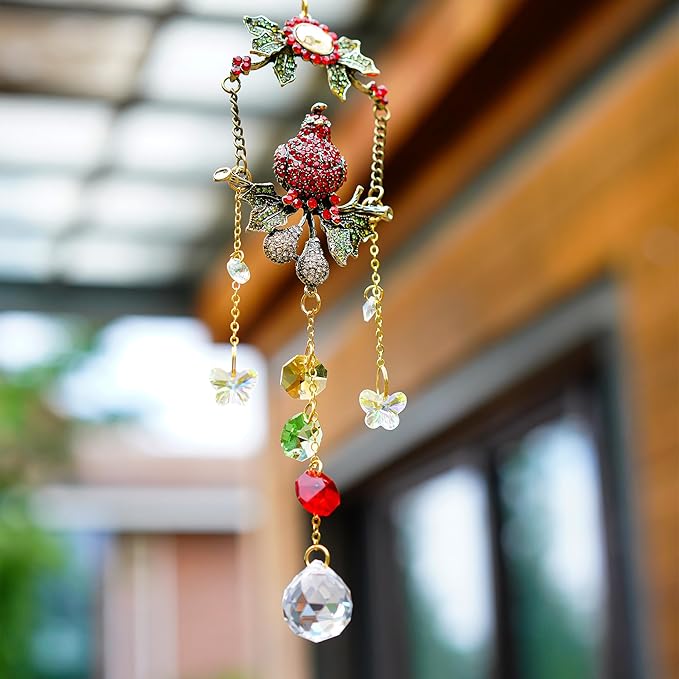 H&D HYALINE & DORA Cardinal on A Branch Suncatchers for Windows 17.5 Inch Crystal Sun Catcher with Metal Chain and Hooks Christmas Birthday Gift for Bird Lovers Women