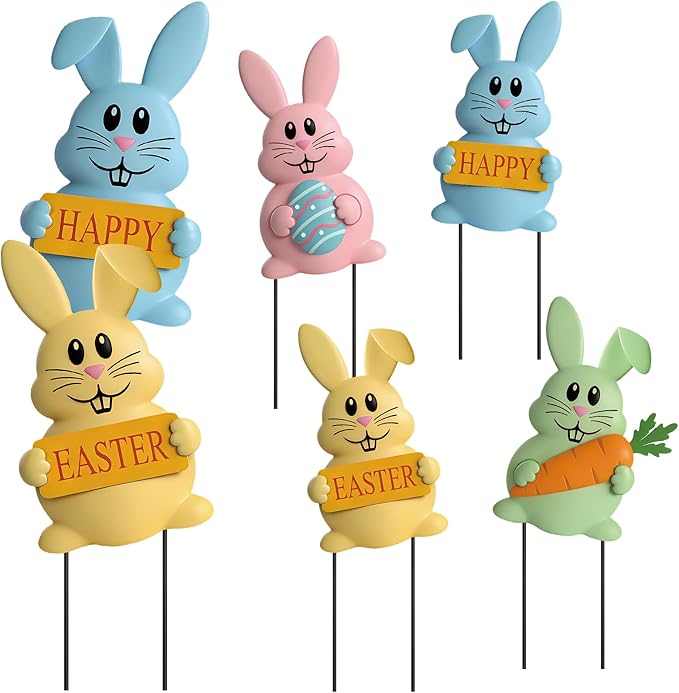 Qunclay Set of 4 Metal Easter Bunny Yard Signs Cute Rabbit Garden Stakes 13.4 Inch Colorful Bunny Yard Decorations in Pink Blue Yellow Green Easter Party Spring Outdoor Lawn Front Door Home Decor
