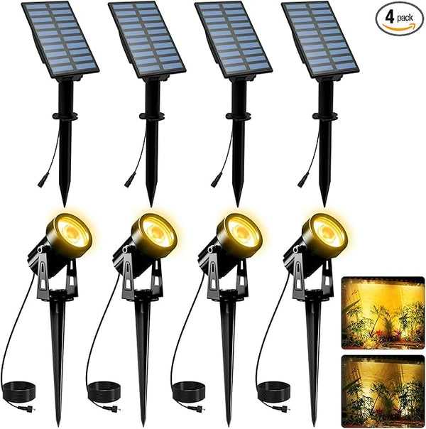 T-SUNUS Christmas Solar Landscape Spotlights 4 Pack Warm White 3000K, Spot Lights IP65 Waterproof Outdoor Separated Panel with 9.8ft Cable, Garden Pond Light for Flag Driveway Walkway Patio Halloween