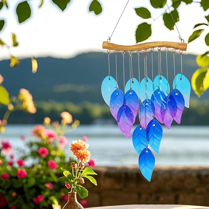 Glass Leaves Wind Chimes for Outdoor Memorial Decor - Unique Wind Chimes for Garden, Yard, Porch & Christmas, Durable Outside Christmas Decoration with Handcrafted Glass Design