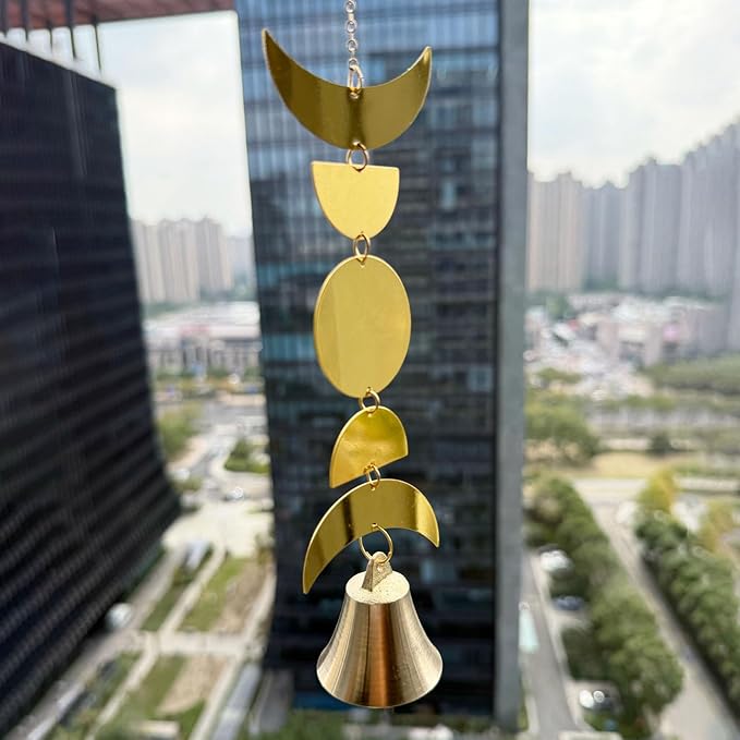 Moon Phase Wind Chimes for Window Hanging Decor,Windchime for Outdoor Garden,Gold Boho Wall Decor