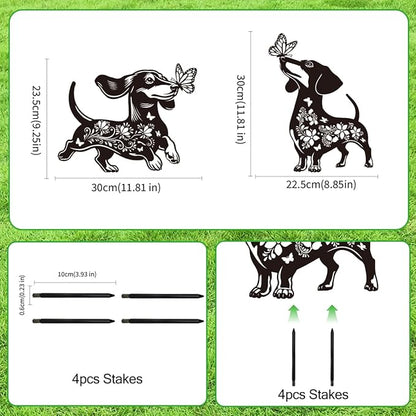 Dachshund Garden Stake Outdoor Yard Decor – Set of 2 Metal Sausage Dog Lawn Ornament, Cute Dog Lover Gift for Women Men, Weather-Resistant Dachshund Silhouette Statues Yard Art for Patio