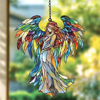 Rainbow Wing Angel Acrylic Suncatcher Stained Glass Effect Window Car Hanging Christmas Ornament Indoor Outdoor Decor Garden Sun Catcher Panel for Angel Lover for Women Mom Grandma