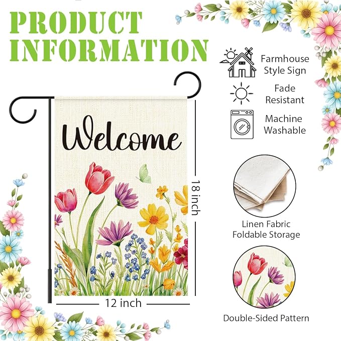 Spring Floral Welcome Garden Flag for Outside,Welcome Spring Yard Flag for Lawn Porch Flags for Outdoor Decorations 12x18 Inch Double Sided