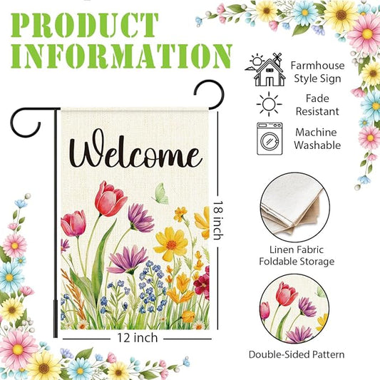 Spring Floral Welcome Garden Flag for Outside,Welcome Spring Yard Flag for Lawn Porch Flags for Outdoor Decorations 12x18 Inch Double Sided