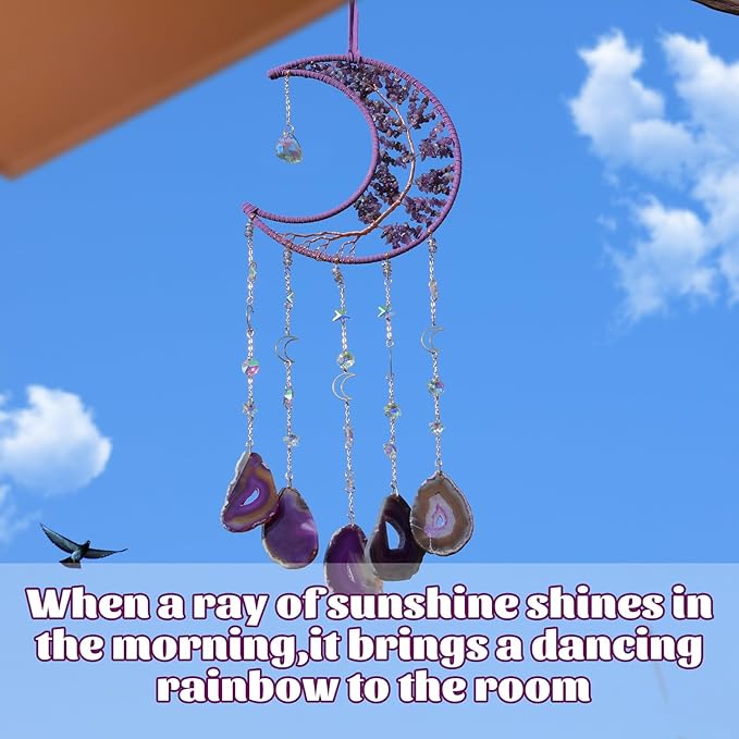 Amethyst Crystal Wind Chimes, Dreamocean Crystal Tree of Life Dream Catchers Moon Large Dream Catcher Wall Window Hangings Decor Gifts for Girls Adult Bedroom Home Decortion