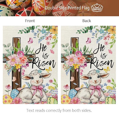CROWNED BEAUTY Easter Garden Flag He is Risen Cross 12x18 Inch Double Sided Floral Holiday Decoration for Outdoor Lawn Yard