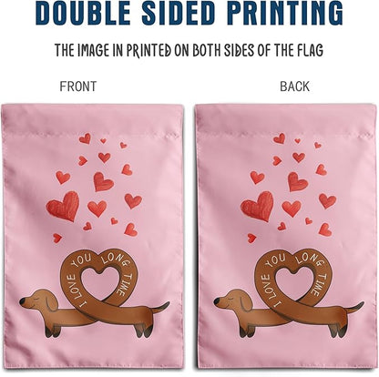 Dachshund Valentine House Flag Weiner Dog Valentines Day Garden Decorative for Outside 28 x 40 Double Sided I Love You Long Time Holiday Anniversary Yard Banner
