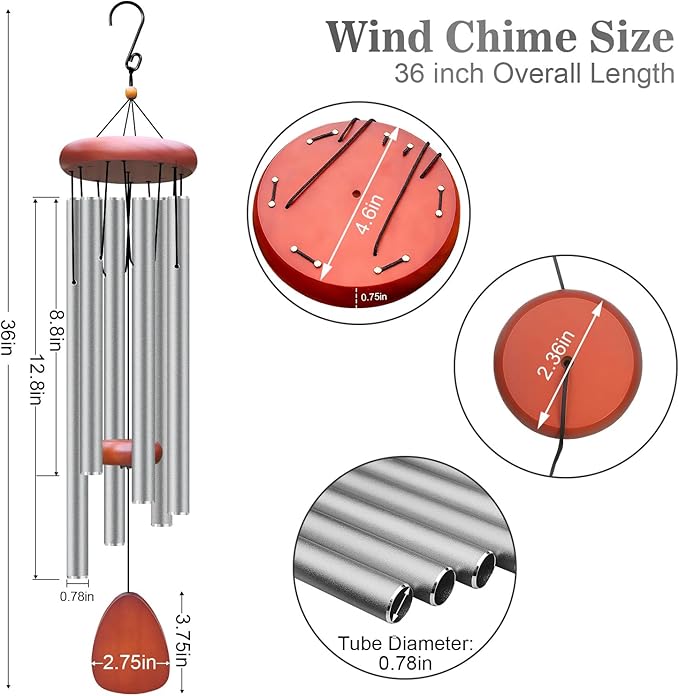 WENANA Large Aluminium Wind Chimes Outside, Soothing Melodic Memorial Sympathy Wind Chime, Suitable Outdoor Garden Decor, Gift for Mom Women Neighbors (Light Gray Wind Chime -36“)