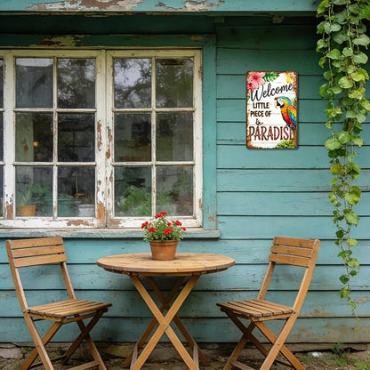 Garden Signs for Outside Welcome to Our Little Piece of Paradise, Funny Metal Signs for Home Garden Patio Yard, Retro Gardening Gifts for Women, Wall Decor 12" x 8"