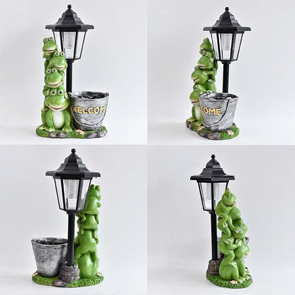 Solar Frog Statue for Outdoor Garden Decor, 13.4 Inch Outside Frog Family Ornaments with Lantern and Flowerpot for Garden, Balcony, Patio, Yard, Lawn -Birthday Gifts for Women Grandparents