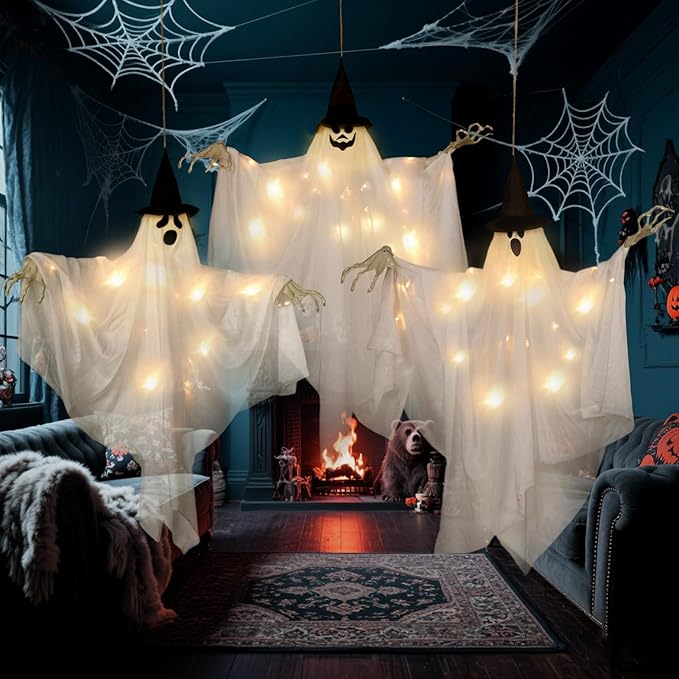 EASY JOY 3PCS Halloween Decorations Outdoor Hanging Ghost Decor with Lights Spooky Halloween Ornaments Ghosts Decorations for Front Porch Yard Tree