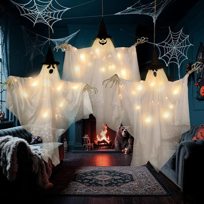 EASY JOY 3PCS Halloween Decorations Outdoor Hanging Ghost Decor with Lights Spooky Halloween Ornaments Ghosts Decorations for Front Porch Yard Tree