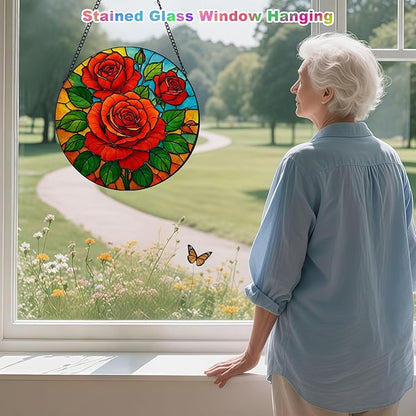 Rose Stained Glass Window Hanging, Rose Suncatcher for Indoor Window, Gift for Women, Wife, Couple (7.8Inch)