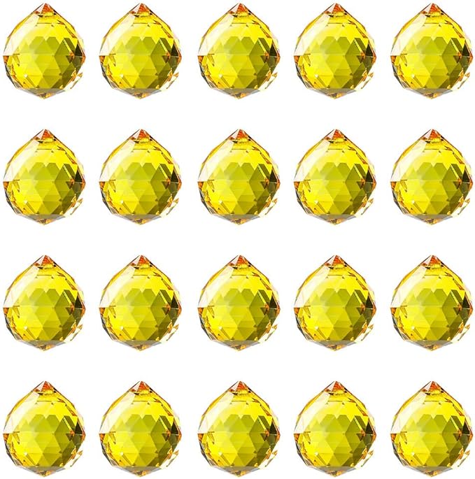 20pcs DIY Crystal Prism Suncatcher for Windows Hanging, 20mm Clear Glass Crystal Sun Catcher Beads Pendants Maker Balls for Indoor Outdoor Garden Feng Shui Home Decor Yellow