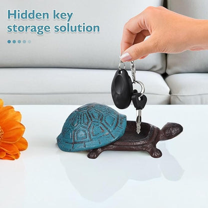 Hemoton Cast Iron Turtle Key Holder Outdoor Garden Statue Safe Storage Box Hidden Key Hider Decorative Tortoise Ornament in Sea Blue for Home and Patio