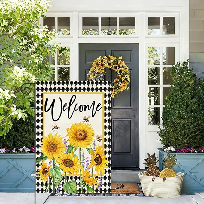 Baccessor Spring Summer Garden Flag 12.5x18 Inch Double Sided Burlap, Sunflowers Floral Flowers Welcome Holiday Front Yard Lawn Outdoor Outside Decoration