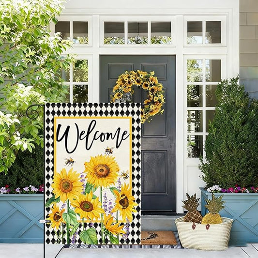 Baccessor Spring Summer Garden Flag 12.5x18 Inch Double Sided Burlap, Sunflowers Floral Flowers Welcome Holiday Front Yard Lawn Outdoor Outside Decoration