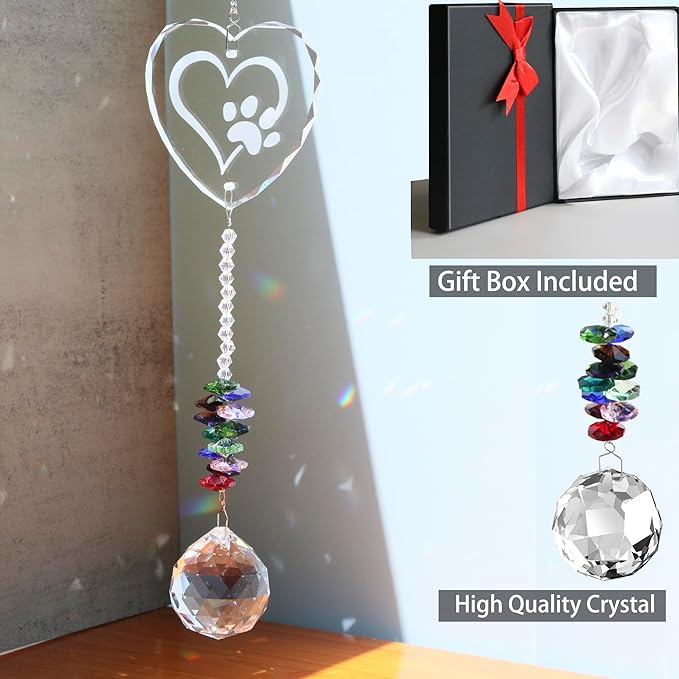 Pet Memorial Suncatcher with Paw Print,Dog Memorial Gifts for Loss of Dog,Pet Loss, Thoughtful Dogs,Sympathy Gift for Loss of Dog Cat,Rainbow Bridge Maker for Windows, Room, Outdoor Garden,Home Decor