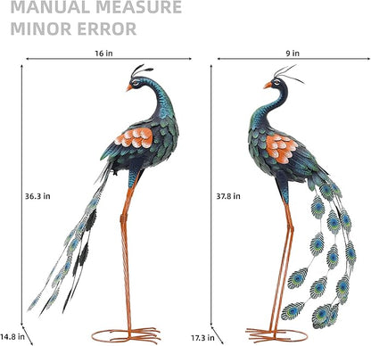 36" Oversized Peacock Decor Set of 2, Hand-Painted Metal Yard Art, Weatherproof Outdoor Garden Statues & Sculptures for Lawn, Flower Beds, Patio, Backyard or Indoor Kitchen & Home Decor