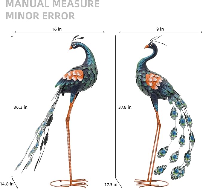 Extra Large Metal Peacock Garden Decor- Handmade 38" Standing Peacock Statue with Stable Ground Stakes, Backyard Decoration, Metal Garden Art Sculptures