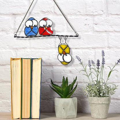 Stained Glass Birds Window Hangings, Multicolor 3 Owls Double-Side Stained Glass Hummingbird Decorations,Bird Suncatcher for Window Home Garden Decor Hummingbird Gifts for Bird Lovers (Yellow)