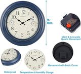 Crosstime 18 Inch Large Outdoor Wall Clock Waterproof with Thermometer & Hygrometer Combo – Vintage Farmhouse Weather Station for Patio, Pool, Garden, Backyard – Blue